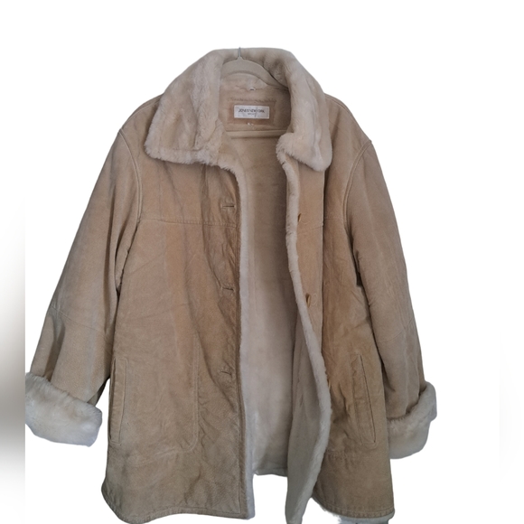 VTG JONES NEW YORK leather suede sherpa lined heavy winter coat tan beige L-XL - Picture 6 of 11